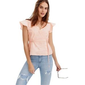 J. CREW Flutter Sleeve Wrap Top in Cotton Poplin Soft Pink Size 14